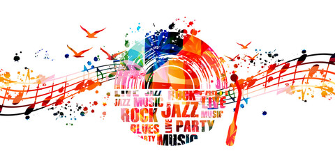 Colorful LP vinyl record disc with musical notes for live jazz, blues, rock concert events, music festivals and shows, party flyers, invitations. Musical poster for club party vector illustration