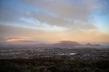 Top view of cold front moving over Cape Town in South Africa covering Table mountain.