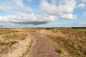 Fototapeta na wymiar A pathway through the dunes to a small town in the Netherlands on a cloudy day