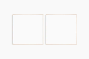 Frame mockup 1:1 square. Set of two thin light wood frames. Clean, modern, minimalist, bright gallery wall mockup, set of 2 square frames.