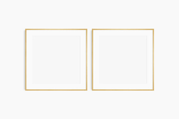 Frame mockup 1:1 square. Set of two thin oak wood frames. Clean, modern, minimalist, bright gallery wall mockup, set of 2 square frames with a mat opening.
