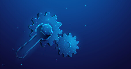 Cogwheels with a wrench. Maintenance, Repair service. Wireframe line, and triangle design. 3d model. Vector illustration