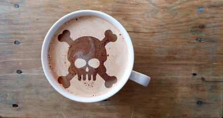 close-up of white cup with coffee cappuccino on an old brown wooden table, foam in form of silhouette of human skull, concept of art for poison, dangerous to health, top view, copy space for designer