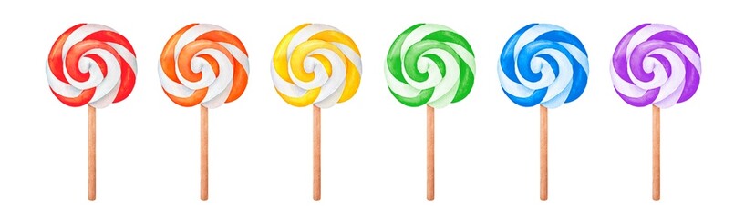 Watercolor illustration set of multi colored swirly lollipop candies on wooden stick. Symbol of joy. Hand painted water color sketch on white, isolated clipart elements for bright design decoration. - 485106110