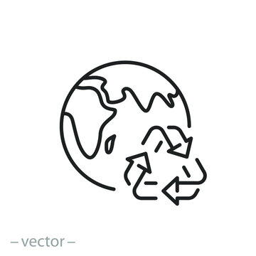 earth continuous recycling icon, circular sustainable renewable, save clean world, globe emission, thin line symbol on white background - editable stroke vector illustration