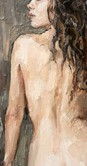 Fragment of  nude attractive young woman, created in details and color nuances.  Oil painting on canvas.