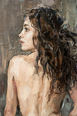 Fragment of  nude attractive young woman, created in details and color nuances.  Oil painting on canvas.