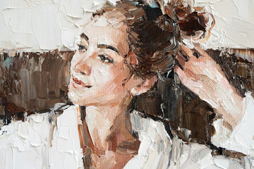 The girl in a white robe.  A woman is drinking coffee. Oil painting on canvas.