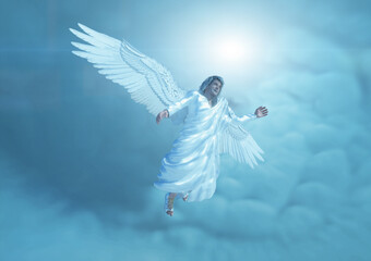 biblical angel with big white wings flying  render 3d