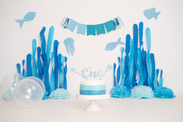 Digitaler Backdrop Hintergrund für Cake smash Torte erster Geburtstag Unterwasserwelt blau...