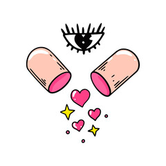 Hand drawn pill with a hearts. Vector illustration