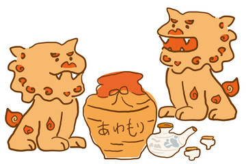 手描きの沖縄のシーサーと泡盛　イラスト素材