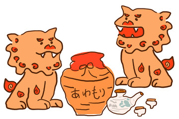 手描きの沖縄のシーサーと泡盛　イラスト素材