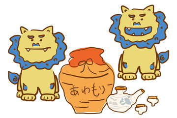 手描きの沖縄のシーサーと泡盛　イラスト素材