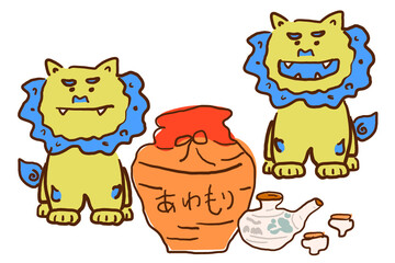 手描きの沖縄のシーサーと泡盛　イラスト素材