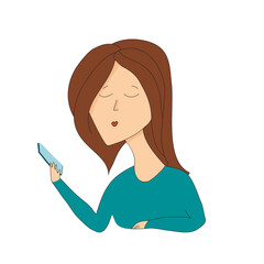 Girl is looking a smartphone screen, isolated vector illustration. Brunette in a green sweater.