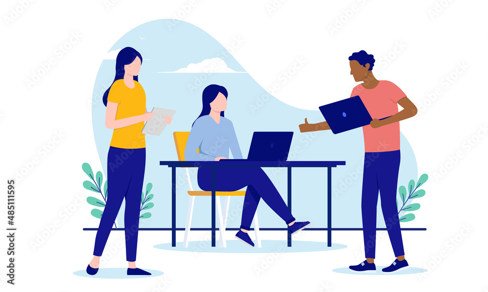 Poster vector people working - diverse team of man and women doing computer work and thumbs up. flat design