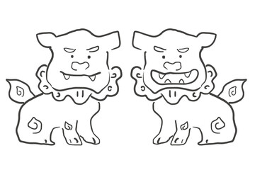 手描きの沖縄のシーサー　線画　イラスト素材