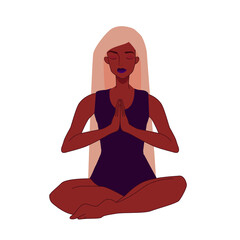 A young African American woman sits in a lotus position. The girl meditates relaxation and awareness. Vector flat illustration isolated on white background