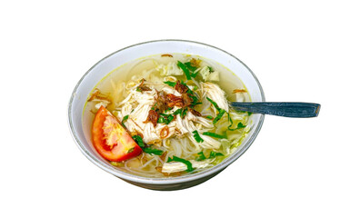 Soto Ayam, an Indonesian delicious traditional chicken soup, isolated on white background