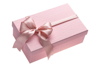 Closed gift box with pink ribbon bow on a white background. A single isolated object. Holiday wrapping.