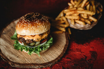 Hamburger, big hamburger, hamburger on dark backround