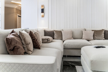 the living room is a studio in a minimalist style in black and white tones.