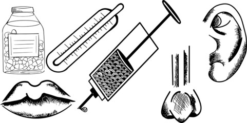 Set with medicak objects and parts of the body