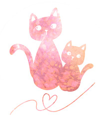 水彩画のようなピンクの猫の親子とハート