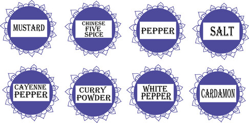 Obraz premium Label set: mustard, pepper, salt, cardamon