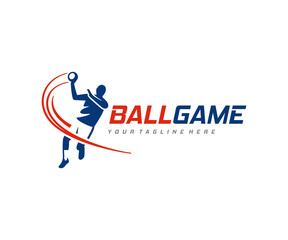 Handball player throws the ball logo design. Handball player jumping to score a goal vector design. Man dodgeball player silhouette logotype