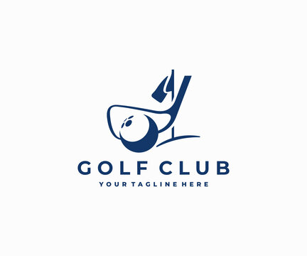Golf ball with stick and flagstick logo design. Professional golf course with golf ball and club vector design. Golf club taking a shot and flagstick on grass field logotype