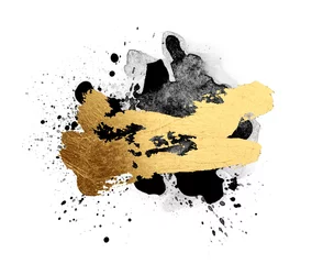 Foto op Plexiglas anti-reflex Blackand Gold Abstract color smear acrylic and watercolor blot painting. Canvas texture background. Isolated on white. © Liliia