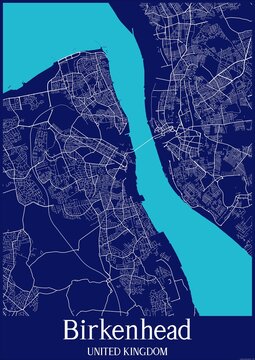 Dark Blue map of Birkenhead United Kingdom.