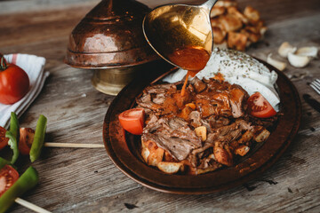turkish kebab and yogurt with dark backround