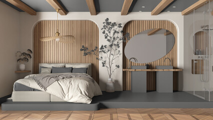 Modern creative gray and wooden bedroom with bathroom, open space with parquet and concrete floor. Roof beams, large shower, sink, mirror, potted tree. Spa suite interior design idea