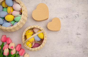 easter eggs in a basket on the table