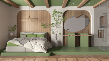 Modern creative green and wooden bedroom with bathroom, open space with parquet and concrete floor. Roof beams, large shower, sink, mirror, potted tree. Spa suite interior design idea