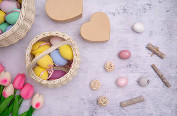 easter cake and easter eggs in a basket