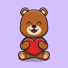 Cute bear hugging love heart cartoon icon illustration