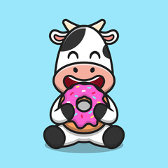 Cute cow eating doughnut cartoon vector icon illustration