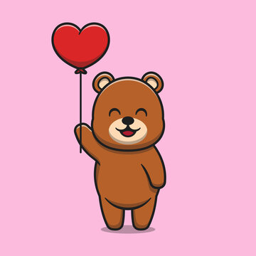Cute bear holding love balloon cartoon icon illustration