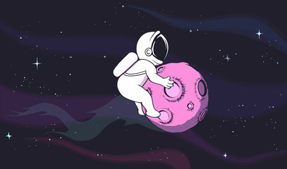 Cute astronaut holding to the planet