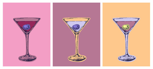 Set of Colored Martini Cocktails with Olives Vector Illustration. Party. Martini Happy Hour. artificial art
