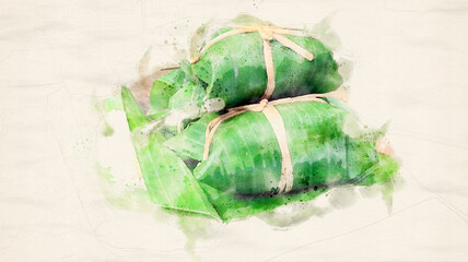 Painting of bundle sticky rice with banana wrapping by banana leaf