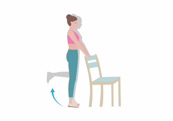 Exercises that can be done at home using a sturdy chair collection. Standing-Leg Curl posture. Illustration of woman in cartoon style.