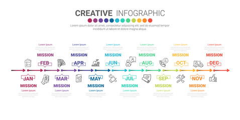 Timeline business for 12 months, Infographics element design and Presentation can be used for Business concept with 12 options, steps or processes. 