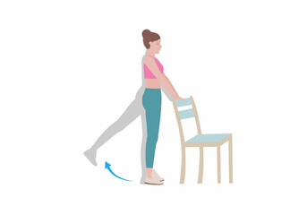 Exercises that can be done at home using a sturdy chair.
with Back Kicks posture. Illustration in cartoon style.