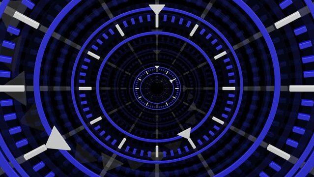 Geometric surface background animation. Clock faces on the black surface. Loopable. Full frame. 3D rendering.