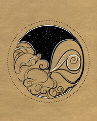The wind spirit puffs its cheeks and breathes out fresh frosty air. A stylized image of the wind spirit in the form of a medallion. Black and white ink drawing.